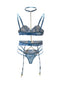 CURVABELLA - Blue Lacy Three-Piece Set with Chain Detailing (Bra, Garter, and Adjustable Panties)