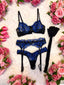 LILIOSA - Black Friday Collection - Luciana - Black with Blue Lace Detail 4 Piece Lingerie Set (Bra, Garter, Thong and Stockings) - Pretty, Sultry and Feminine Lingerie Set, Everyday Womens Underwear, Holiday Season Gift Idea, Black Friday Deal