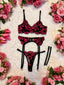 Cariad - Black and Red Heart Embroidered 4 Piece Lingerie Set