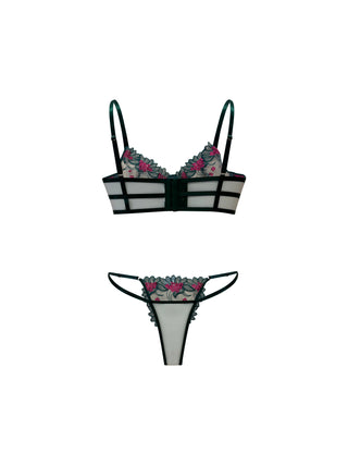 CURVABELLA - Green Mesh Two-Piece Lingerie Set with Pink Floral Embroidery - Plus Size Lingerie