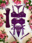 LILIOSA - Black Friday Collection - Midnight Lace - Purple 6 Piece Lingerie Set (Bra, Garter, Choker, Gloves, Thong and Thigh Straps) - Beautiful Mesh and Lace Lingerie, Comfortable Underwear, Womens Underwear for Winter/Autumn, Black Friday Lingerie