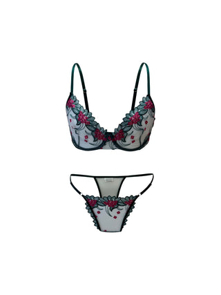 CURVABELLA - Green Mesh Two-Piece Lingerie Set with Pink Floral Embroidery - Plus Size Lingerie