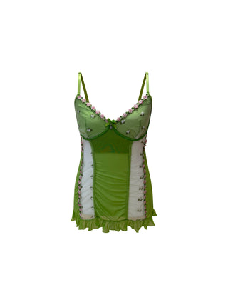 CURVABELLA -  Green Embroidered Floral Babydoll Night Dress with Matching Panties