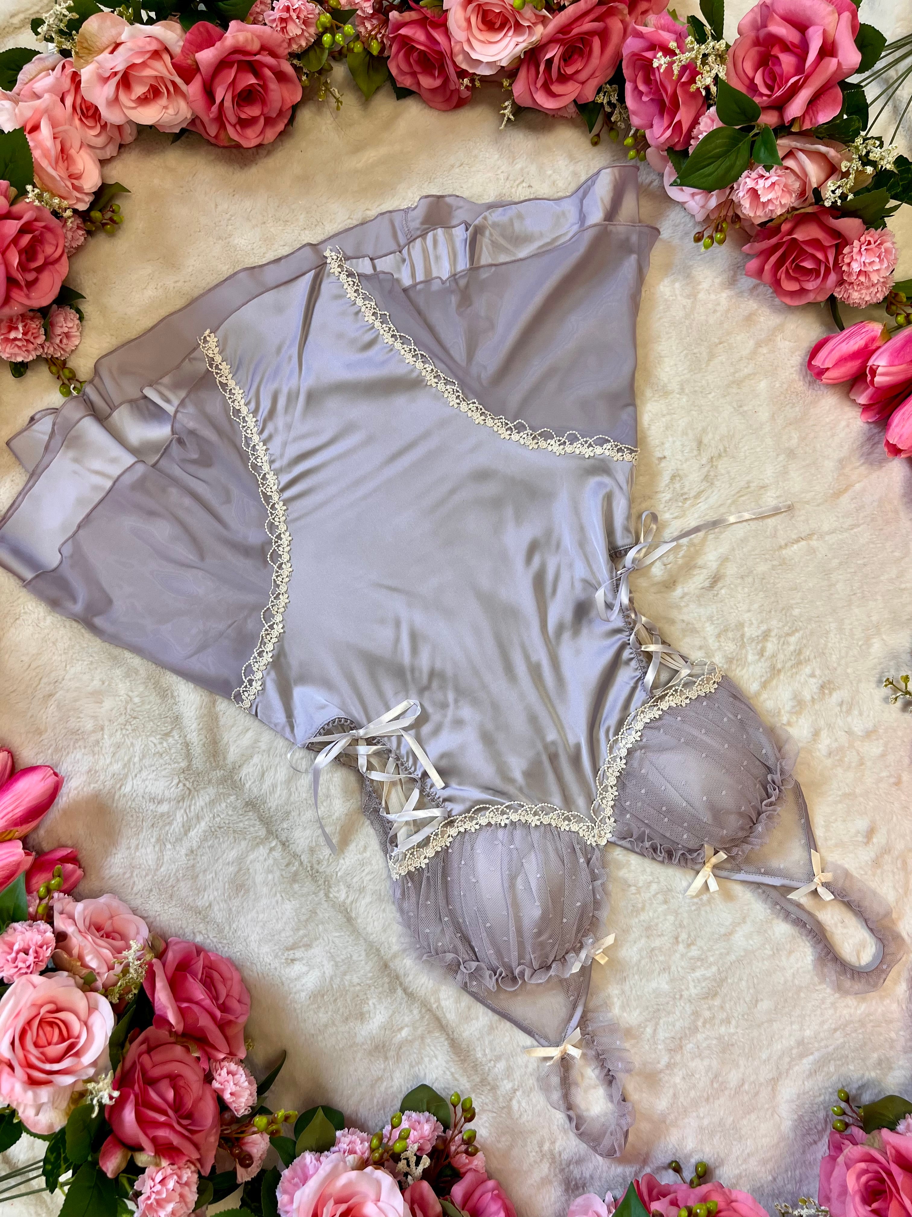 Sweet Tea -Lilac Satin Babydoll Lingerie Dress with Lace Trim and Shee