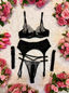 Marceline Black with White Embroidered Detail 4 Piece Lingerie Set