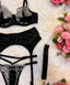 Marceline Black with White Embroidered Detail 4 Piece Lingerie Set