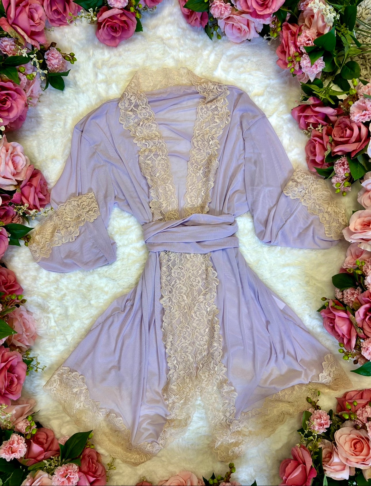 Whispered Hour Dressing Gown - Lavender Sheer Mesh Robe with Cream Lac ...