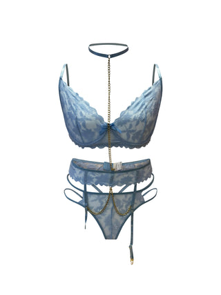 CURVABELLA - Blue Lacy Three-Piece Set with Chain Detailing (Bra, Garter, and Adjustable Panties)