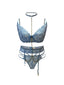 CURVABELLA - Blue Lacy Three-Piece Set with Chain Detailing (Bra, Garter, and Adjustable Panties)